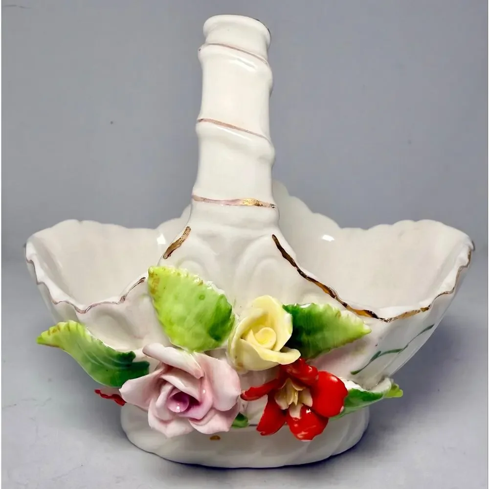 Vintage ARDCO Taiwan Porcelain Flower Basket Applied Roses Gold Trim 5 Inch